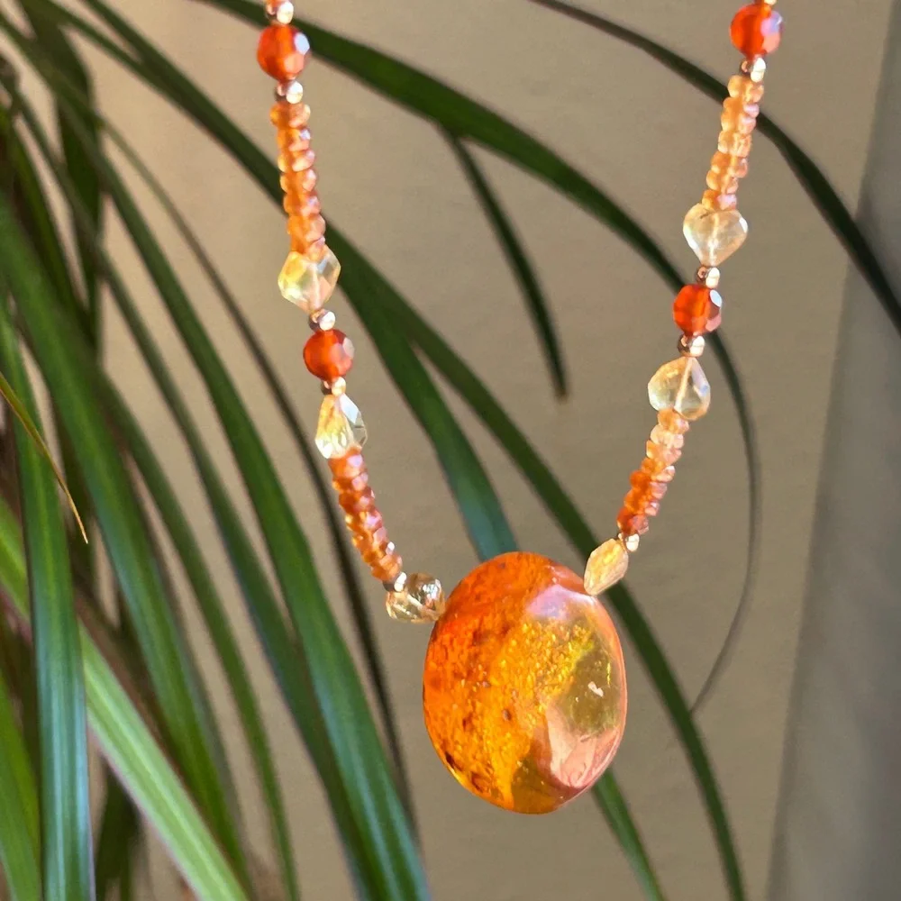 Artisan Amber Hessonite Garnet Carnelian Citrine Gold Filled Necklace